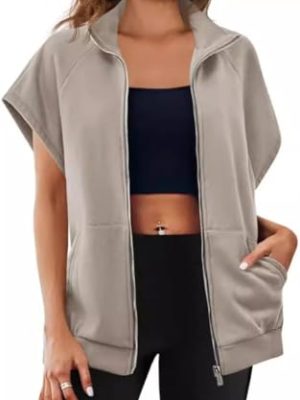 Women's Zip Up Sweatshirts Short Sleeve Lapel Oversized Summer Casual Loose Solid Sweatshirt Jacket with Pockets