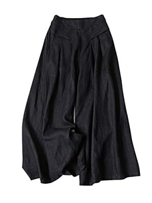 Women' s Culottes Linen Blend Wide Leg Pants Elastic Waist Casual Palazzo Trousers with Pockets Capris