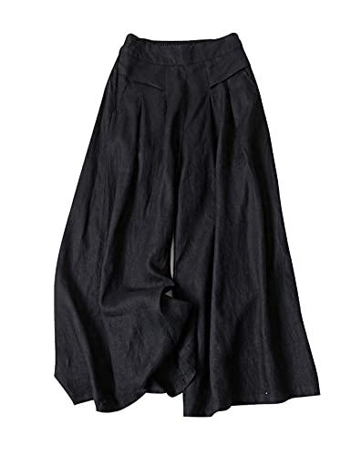 Women' s Culottes Linen Blend Wide Leg Pants Elastic Waist Casual Palazzo Trousers with Pockets Capris