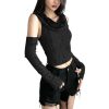 Women Off Shoulder Hooded Top - Ripped Crop & Long Sleeve Y2K Tees With Detachable Sleeves