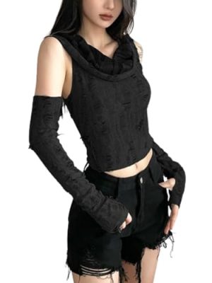 Women Off Shoulder Hooded Top - Ripped Crop & Long Sleeve Y2K Tees With Detachable Sleeves