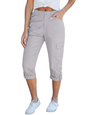 Cargo Capri Pants for Women High Waisted Relaxed Fit Elastic Knit Waist Casual Capris Trousers Cropped Pants