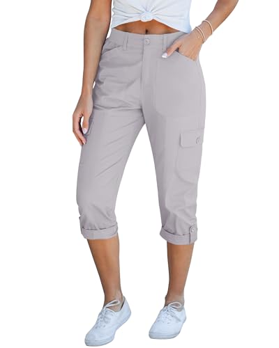 Cargo Capri Pants for Women High Waisted Relaxed Fit Elastic Knit Waist Casual Capris Trousers Cropped Pants
