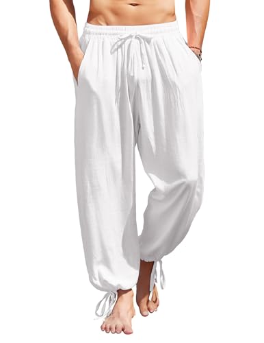 Men's Cotton Linen Pants Casual Harem Pants Elastic Waist Beach Boho Yoga Trousers