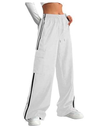 Women's Cargo Pants Baggy Straight Wide Leg Track Pants Striped Joggers with Pockets Athletic Streetwear