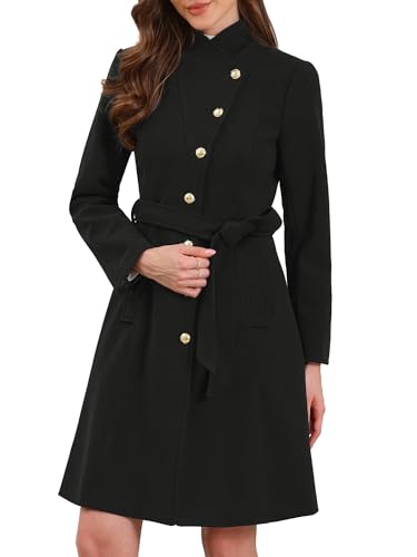 Pea Coats for Women Stand Collar Single Breasted Fall Winter Long Trench Coat with Belt 2025