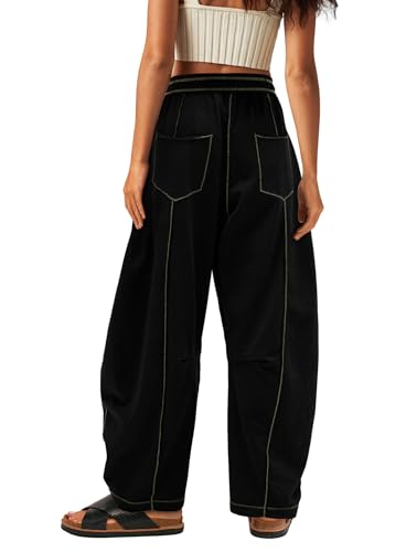 Womens Baggy Wide Leg Pants Casual Summer Palazzo Pants Drawstring Waist Barrel Sweatpants with Pockets