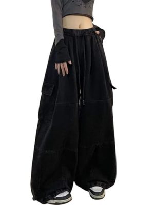 Baggy Cargo Pants for Women Men Y2k Wide Leg Sweatpants High Waisted Drawstring Pants Hip Hop Clothes