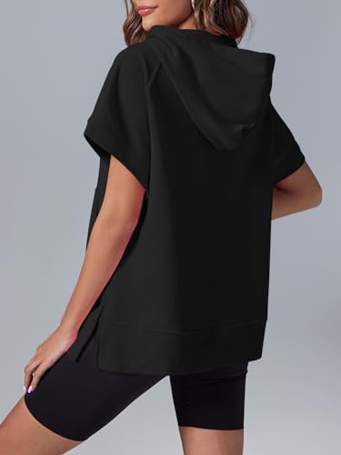 Womens Oversized Half Zip Hoodies Short Sleeve Casual Sweatshirts Pullover Tops with Pockets