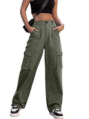 Women High Waisted Cargo Pants Wide Leg Casual Pants 6 Pockets Combat Military Trousers