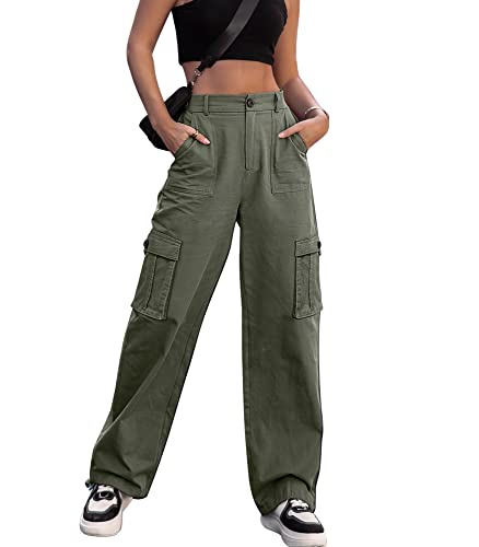 Women High Waisted Cargo Pants Wide Leg Casual Pants 6 Pockets Combat Military Trousers