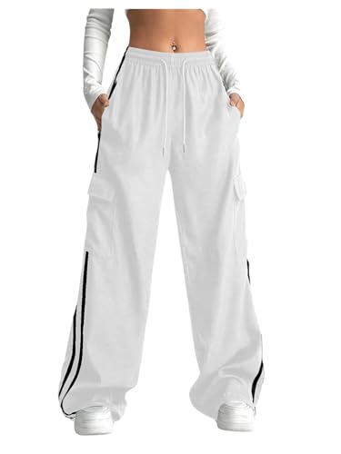 Women's Cargo Pants Baggy Straight Wide Leg Track Pants Striped Joggers with Pockets Athletic Streetwear