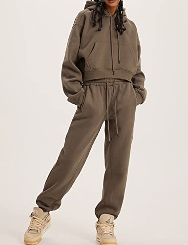 Women Fleece 2 Piece Tracksuits Fall Winter Sweatshirt Jogger Pants Matching Lounge Sets Thick Sweatsuits Pockets