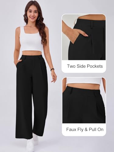 Wide Leg Pants for Women Stretchy Pull On Work Pants High Waisted Business Casual Trousers Slacks with Pockets