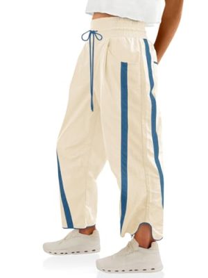 Women's Baggy Wide Leg Pants Casual Drawstring Elastic Waisted Contrast Color Workout Y2K Track Pants