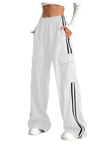 Women's Cargo Pants Baggy Straight Wide Leg Track Pants Striped Joggers with Pockets Athletic Streetwear