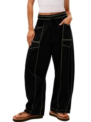 Womens Baggy Wide Leg Pants Casual Summer Palazzo Pants Drawstring Waist Barrel Sweatpants with Pockets