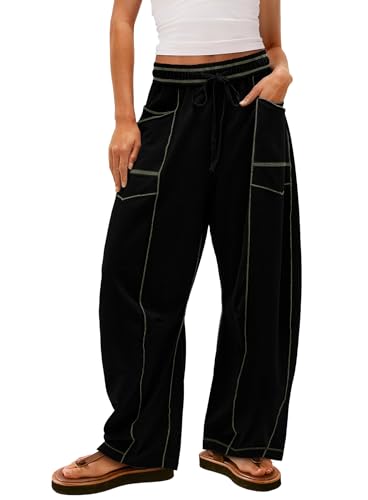 Womens Baggy Wide Leg Pants Casual Summer Palazzo Pants Drawstring Waist Barrel Sweatpants with Pockets