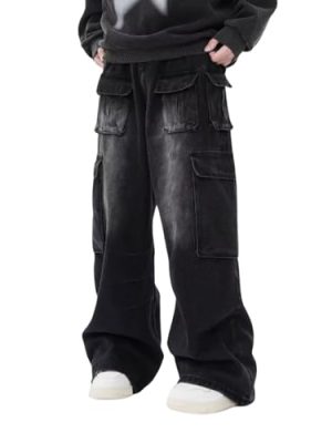 Cargo Pants with Pockets Men Women Baggy Jeans Y2k Wide Leg Grunge Loose Jeans Clothes Streetwear Black