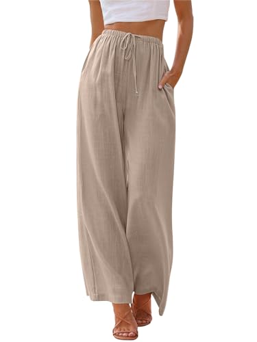 Women's Linen Summer Palazzo Pants Flowy Wide Leg Beach Pants with Pockets