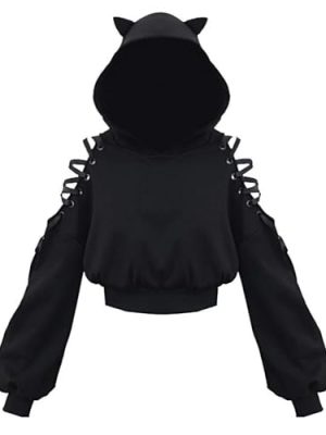 Women's Cat Ear Hoodie Pullover Long Sleeve Off Shoulder Cute Crop Top Hoodies Sweatshirt