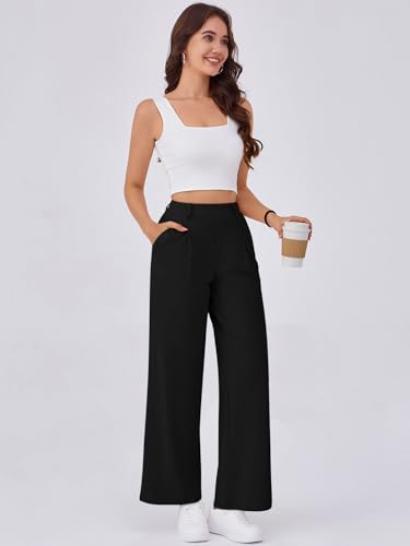 Wide Leg Pants for Women Stretchy Pull On Work Pants High Waisted Business Casual Trousers Slacks with Pockets