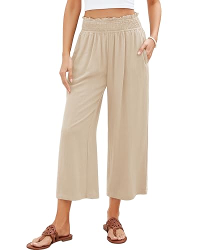 Capri Pants for Women High Waisted Wide Leg Linen Palazzo Trousers Pull On Elastic Smock Waist Loose Flowy Pants