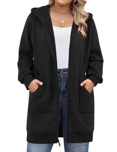 Women Plus Size Zip Up Hoodies Long Sleeve Tunic Sweatshirt Long Fleece Hoodie Jacket with Pockets