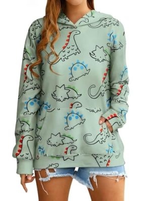 Women Dinosaur Funny Hoodie Sweatshirt Pocket Crewneck Casual Loose Cute Tops Long Sleeve Hoodied Pullover Shirt
