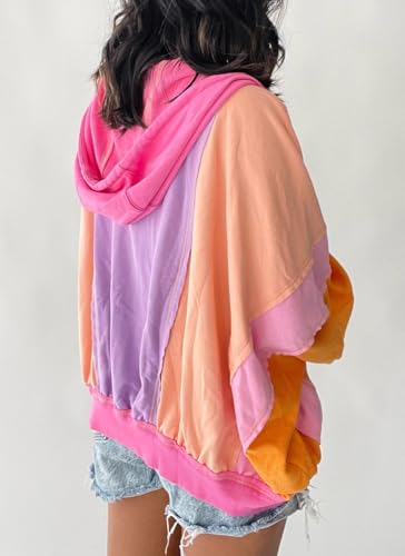 Women's Fall Warm Color Block Zip Up Jacket Oversized Winter Casual Y2K Sweatshirt Hoodie Tops