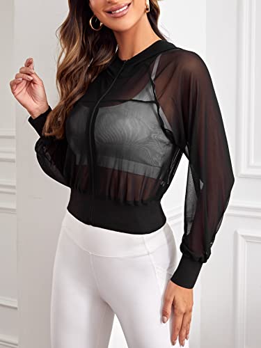 Women's Activewear Long Sleeve Hooded Sheer Mesh Sports Jacket Workout Crop Top