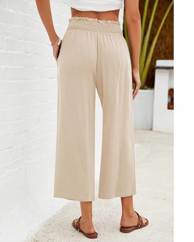 Capri Pants for Women High Waisted Wide Leg Linen Palazzo Trousers Pull On Elastic Smock Waist Loose Flowy Pants