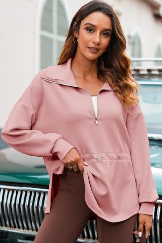 Womens Sweatshirt Oversized Half Zip Up Drawstring Waist Long Sleeve Side Slits Soft Casual Pullover Sweatshirts Tops