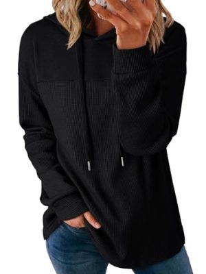 Womens Hoodies Casual Waffle Knit Long Sleeve Drawstring Pullover Sweatshirts Lightweight Hooded Tops