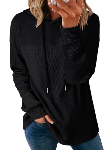 Womens Hoodies Casual Waffle Knit Long Sleeve Drawstring Pullover Sweatshirts Lightweight Hooded Tops