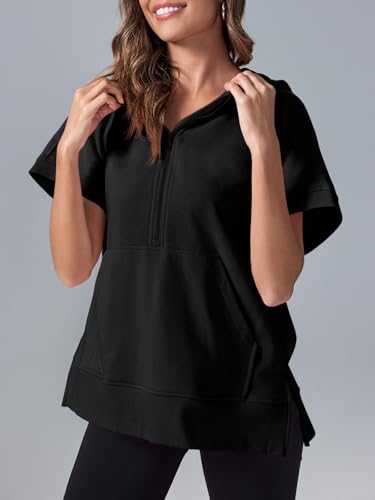 Womens Oversized Half Zip Hoodies Short Sleeve Casual Sweatshirts Pullover Tops with Pockets