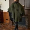 Women Tweed Hooded Belted Cloak Buttons Closure Sleeveless Satin Lining Wool Poncho