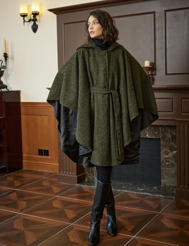Women Tweed Hooded Belted Cloak Buttons Closure Sleeveless Satin Lining Wool Poncho