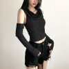 Women Off Shoulder Hooded Top - Ripped Crop & Long Sleeve Y2K Tees With Detachable Sleeves