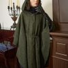 Women Tweed Hooded Belted Cloak Buttons Closure Sleeveless Satin Lining Wool Poncho