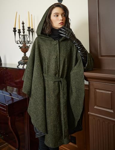 Women Tweed Hooded Belted Cloak Buttons Closure Sleeveless Satin Lining Wool Poncho