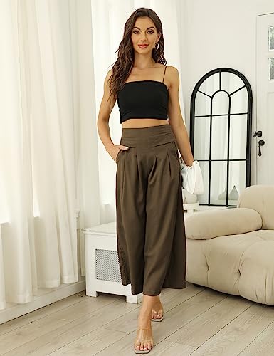 Women's Culottes Linen Cropped Wide Leg Pants Elastic Waist Casual Palazzo Trousers with Pockets