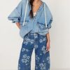 Women's Sweatshirt Denim Hoodies Oversized Long Sleeve Half Zip Casual Jean Hooded Loose Pullover Tops with Pockets