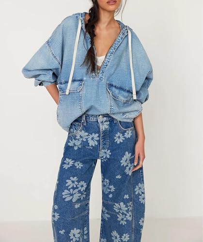 Women's Sweatshirt Denim Hoodies Oversized Long Sleeve Half Zip Casual Jean Hooded Loose Pullover Tops with Pockets