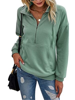 Women's Casual Long Sleeve Lapel Zipper Sweatshirt Drawstring Loose Pullover Tops