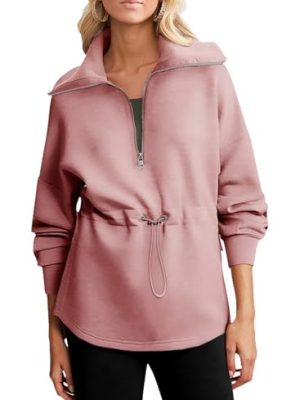 Womens Sweatshirt Oversized Half Zip Up Drawstring Waist Long Sleeve Side Slits Soft Casual Pullover Sweatshirts Tops