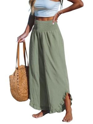 Women Pants Smocked Waist Straight Leg Ruffle Cuffs Loose Fit Pant Casual Beach
