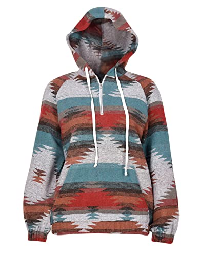 Women's Aztec Print Pattern Western Ethnic Half Zip Long Sleeve Pullover Hoodie Sweatshirt