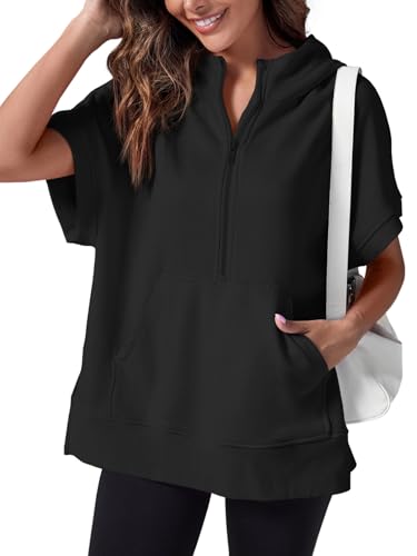 Womens Oversized Half Zip Hoodies Short Sleeve Casual Sweatshirts Pullover Tops with Pockets