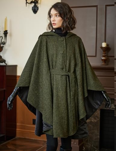 Women Tweed Hooded Belted Cloak Buttons Closure Sleeveless Satin Lining Wool Poncho